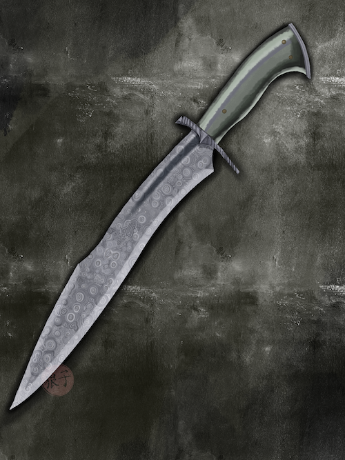A digital painting of a long knife, vaguely in the style of a Persian recurve blade, with a plain handle of muted green, its blade crafted from pattern-welded steel in the ancient 'watermoss' pattern.