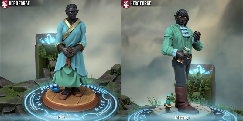 Two screenshots, side by side, of a rendered image of Rao and Machigi as tabletop miniatures. Rao is wearing a gown in pale blues and greens with highlights of gold and brown.  At her feet is a cobalt blue cup with water in it. Machigi is wearing a jabot and shirt -- he has taken off his coat -- and is holding a scroll that appears to have a splash of blood on it.  By his feet is a dagger, driven into the stones of the ground.