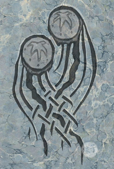 A digital painting, in a rough-cut fashion, of two jellyfish-like creatures with five eyes and long trailing tentacles interlaced with one another, against a backdrop of paper that has been marbled using a blue and green stone texture.