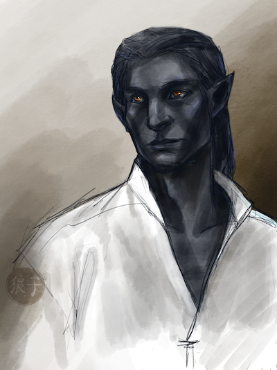 A head-and-shoulders sketch-and-wash portrait of Machigi, aiji of the Marid Aishihai’mar, as imagined for the story 'In the House of the Taisigi'.  He is a black-skinned ateva, with pointed ears and golden eyes, who is wearing a shirt he's stolen from Duke Leto Atreides II ('Children of Dune', 2003, Jan and Theodor Pistek, Costumers).